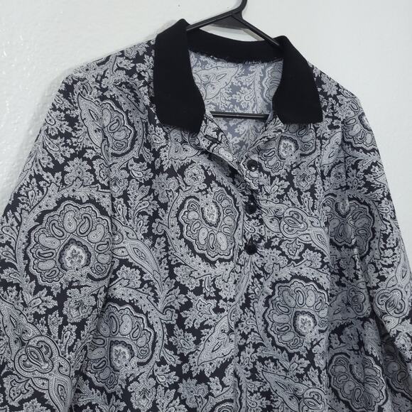 Vintage Top Womens Size Large Black White Paisley Polo Collar Pullover 8… - Picture 4 of 10